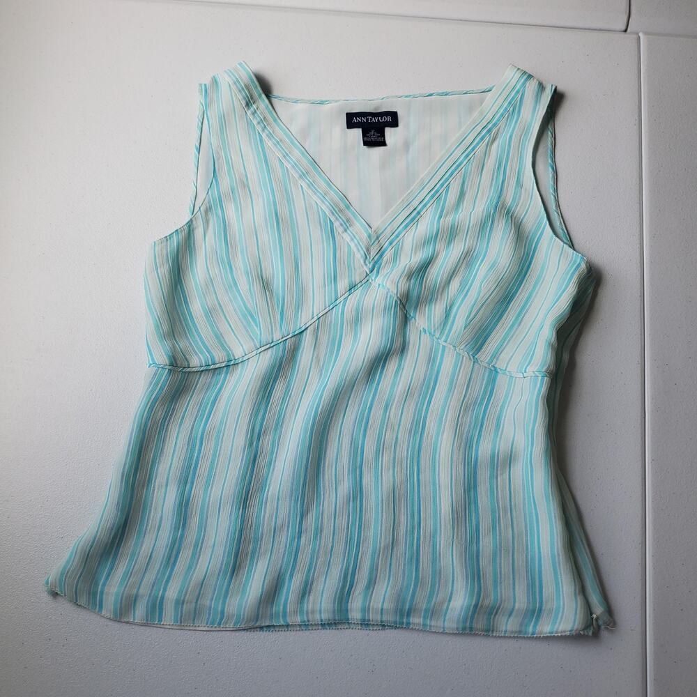 90s Ann Taylor Tank Top Womens 2 Blue Striped Silk V Neck Butter Mom Coastal